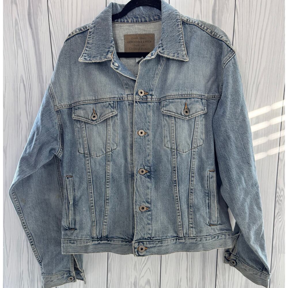 Vintage Abercrombie & Fitch Jacket Large Denim Trucker Jean Distressed Made USA